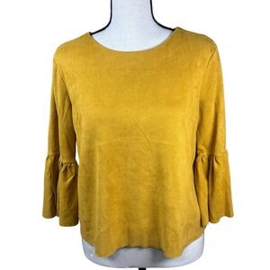 Altar'd State Mustard Yellow Faux Suede Bell Sleeve Flared Cuff Top Blouse Small